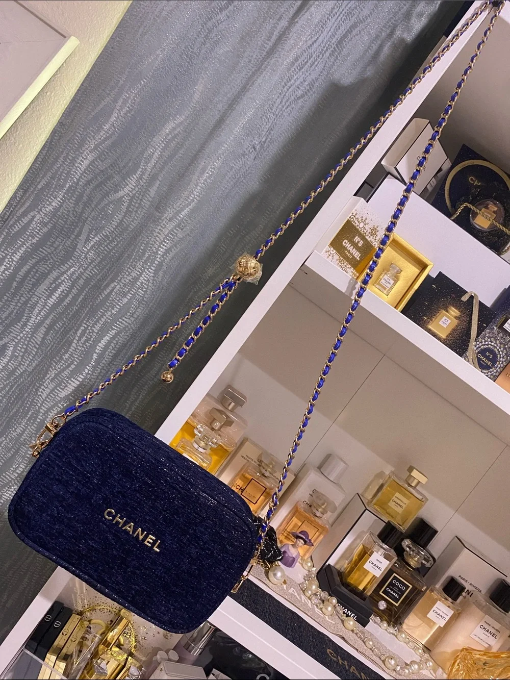 CHANEL Navy Blue Quilted Crossbody Camera Bag with Gold Chain